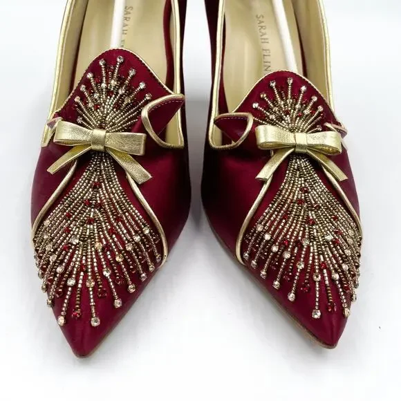 Sarah Flint Perfect Madeleine 85 Pumps Red Pointed Gold Bow Beaded Sz 41 / 10 US - Picture 4 of 11